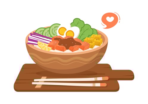 Hawaiian Dish Poke Bowl Food Template Hand Drawn Cartoon Flat Illustration with Rice, Tuna, Fresh Fish, Egg and Vegetables Design vector
