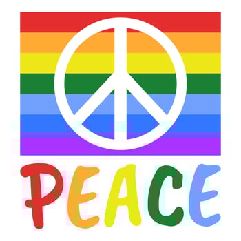 Rainbow flag with a white peace sign, text peace in rainbow colors, pacifism concept, peaceful symbols and signs vector illustration