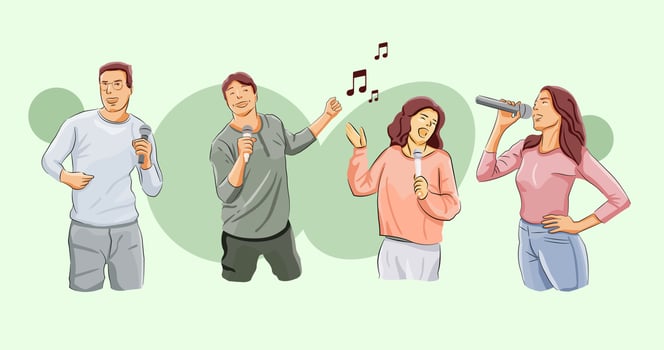 Man and woman singing in happy holding microphone karaoke group vector
