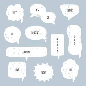collection set of blank black and white hand drawing speech bubble balloon, think speak talk text box, banner, flat vector illustration design
