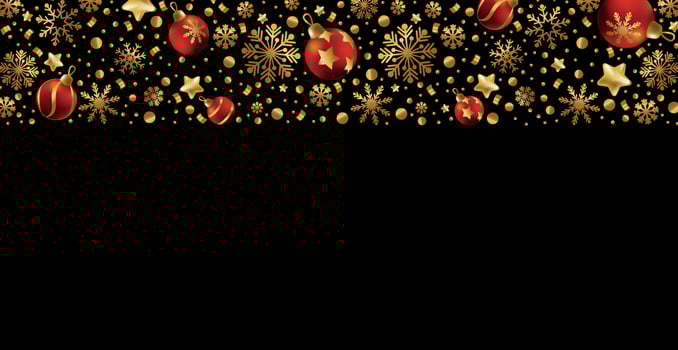 Happy New Year and Merry Christmas greeting card, holiday banner, web poster. Dark background with shining golden snowflakes and red Christmas balls - Vector