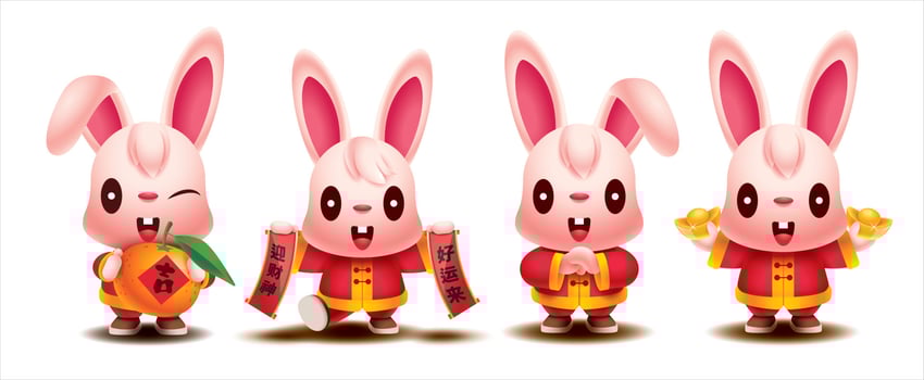 Chinese New Year Rabbit 2023. Collection set of cute rabbit cartoon character holding festive element gold, chinese scroll and tangerine orange vector