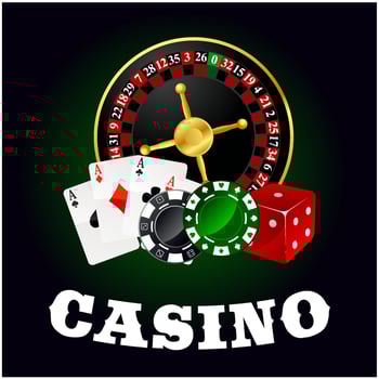 Casino roulette, cards, game chips and dice vector