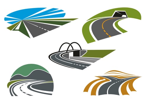 Asphalt highways and roads abstract icons vector