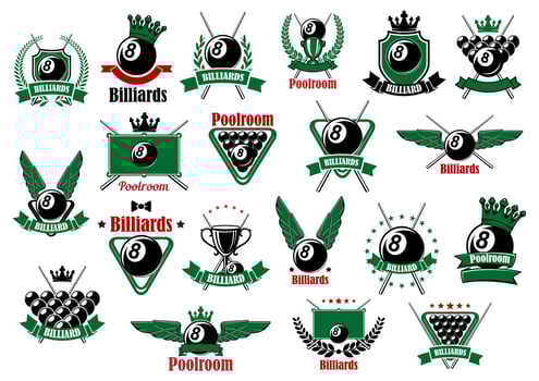 Billiards, pool and snooker sport icons vector