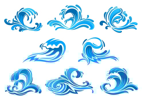 Blue sea and ocean waves or surf icons vector