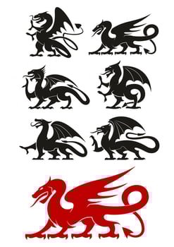 Medieval black heraldic dragons animals vector