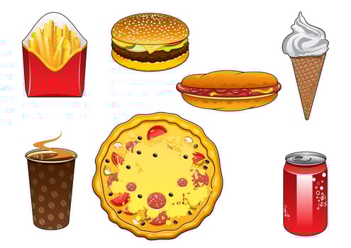 Fast food snacks, soda can and ice cream vector