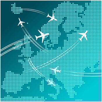 Airplanes flying over map of Europe, travel design vector