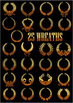 Golden laurel wreaths with ribbons heraldic icons vector