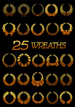 Golden wreaths with laurel, oak, flowers, wheat vector