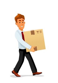 Delivery man is carrying a cardboard package vector