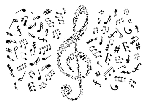 Treble clef with notes among musical symbols vector