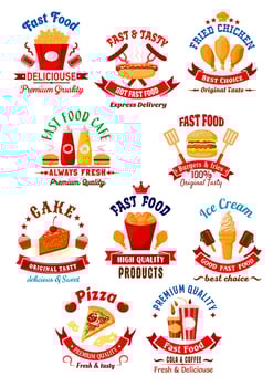 Fast food cafe, coffee house and bakery shop icons vector