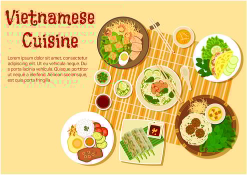 Vietnamese family dinner served on floor flat icon vector