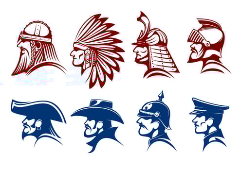 Blue and brown icons of warriors, soldiers symbols vector