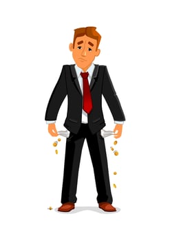 Bankrupt businessman with empty pockets vector