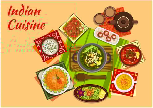 Indian cuisine menu with dishes and desserts vector