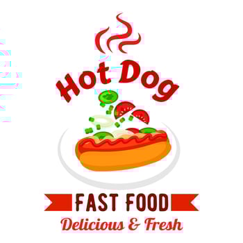 Fast food hot dog with fresh vegetables badge vector