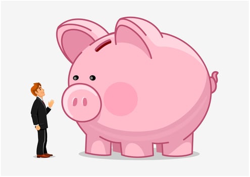 Businessman with big piggybank. Money saving vector