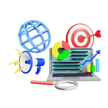 3d render digital marketing with laptop megaphone and arrowbulls eye png