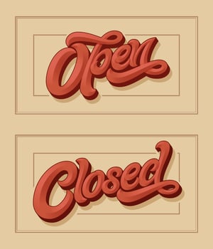 Vector lettering OPEN CLOSED for the design of sign on the door of shop, cafe, bar or restaurant. Vector typography in vintage style. 3d letters with bevel. Calligraphy with brush.