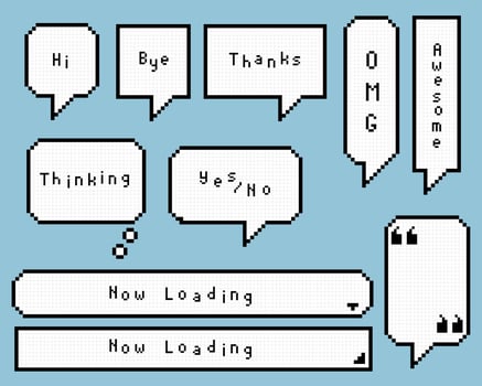 collection set of retro game 8 bit pixel speech bubble balloon, text box banner, black and white color, flat design vector illustration