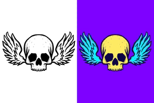 Skull wings Illustration hand drawn cartoon vintage style vector