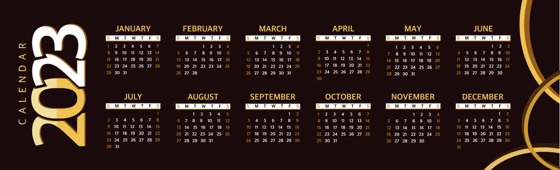 Calendar 2023 Planner template, the beginning of the week on Sunday. Vector illustration on a black background
