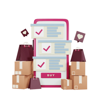3d Online Shopping illustration, Check out product, Pink smartphone displayed with shopping bag and package. 3D rendering png