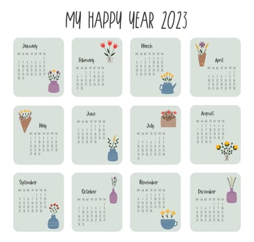 Printable hand drawn calendar 2023. Vector graphic. Calendar grid, Monday first. Vertical Arrangement, Set of 12 Months, Cover Design Style Vector Illustration with hand drawn flowers in trendy style.