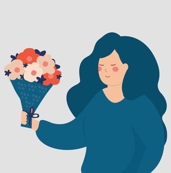 Woman holding a bouquet of flowers. Happy female in a positive mood gives or receives spring flowers for Mother's, Women's or Valentine's day. Mental health wellbeing concept. Vector illustration