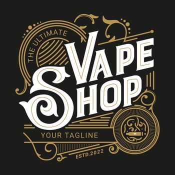 Vape shop ornate vintage victorian typography logo design with decorative ornamental flourish frame vector