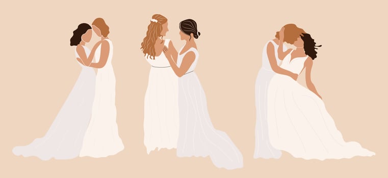 Set of lesbian and gay newlywed couples vector flat illustration. Collection of cute lgbt wedding ceremonies isolated on white.