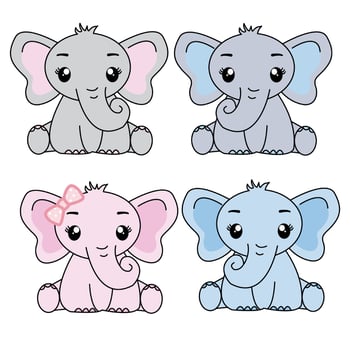 Cute baby elephant set. Funny cartoon animal character Vector illustration for circus tricks. Set of elephant cartoon character isolated on white background.