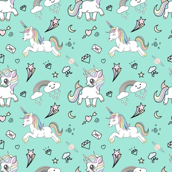 Cute unicorn seamless pattern vector illustration.