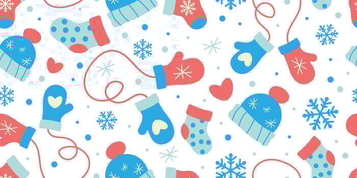 Christmas seamless Pattern with mittens, hats, socks, snowflakes. Winter Clothing Accessories, retro style. Concept of winter holiday, celebration background. Vector illustration.