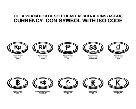 The Association of Southeast Asian Nations, ASEAN Currency Icon-Symbol with ISO Code. Vector Illustration