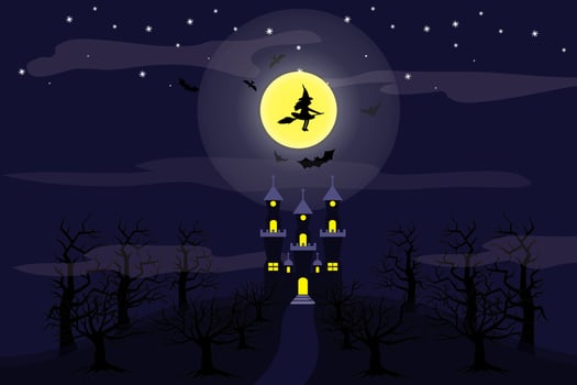 Halloween celebration with devil's house and full moon vector