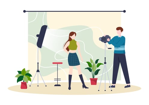 Professional Model Template Hand Drawn Cartoon Flat Illustration with Photographer Takes a Picture of a Posing Models Design vector