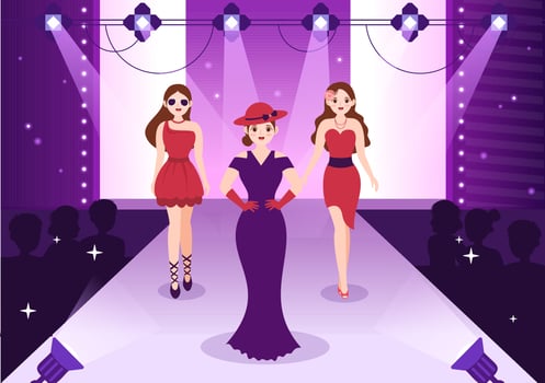 Professional Model Template Hand Drawn Cartoon Flat Illustration with Beautiful Women Models Walking on Podium in Fashion Week Event vector