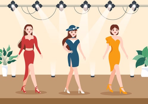 Professional Model Template Hand Drawn Cartoon Flat Illustration with Beautiful Women Models Walking on Podium in Fashion Week Event vector