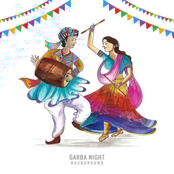 Beautiful couple playing dandiya in disco garba night background vector