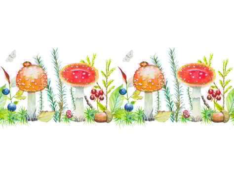 Seamless border with fly agarics, grass and berries, watercolor vector