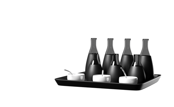 3d soy sauce bottles set with tray, cup of sauce, spoon isolated. trendy style concept, 3d render illustration png