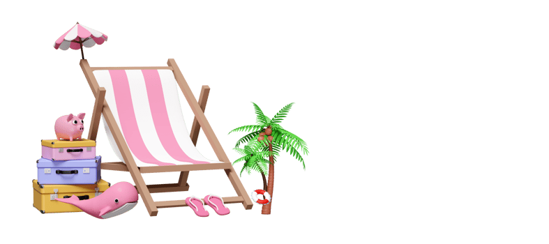 3d summer travel with suitcase stack, beach chair, umbrella, sandals, palm tree, whale, piggy bank, space isolated. summer travel concept, 3d render illustration png
