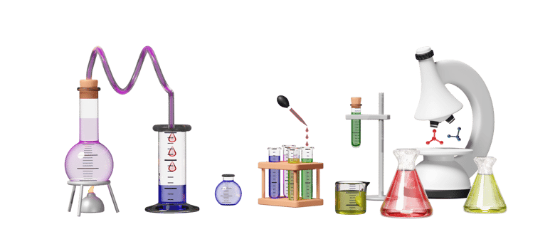 3d science experiment kit with alcohol lamp, beaker, test tube, microscope isolated. classroom online innovative education concept, 3d render illustration png