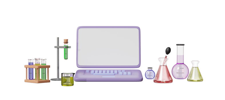 3d laptop computer with beaker, test tube, science experiment kit, space isolated. room online innovative education, template mockup concept, 3d render illustration png