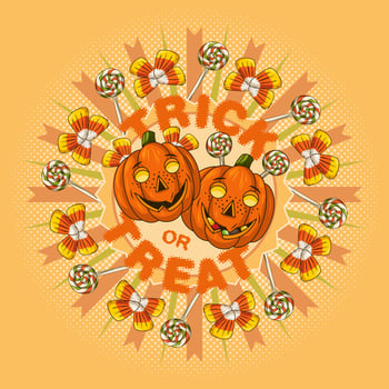 Round halloween illustration with candy, sweets, halftone shape, pumpkin heads stylized as smiling freckled kids face. Light emblem with text Trick or Treat. T-shirt design, surface decoration vector