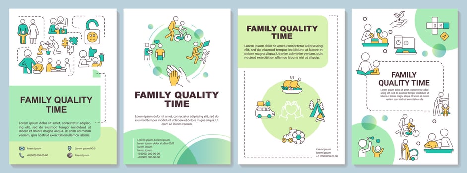 Family quality time green brochure template. Family relationship. Leaflet design with linear icons. 4 vector layouts for presentation, annual reports.